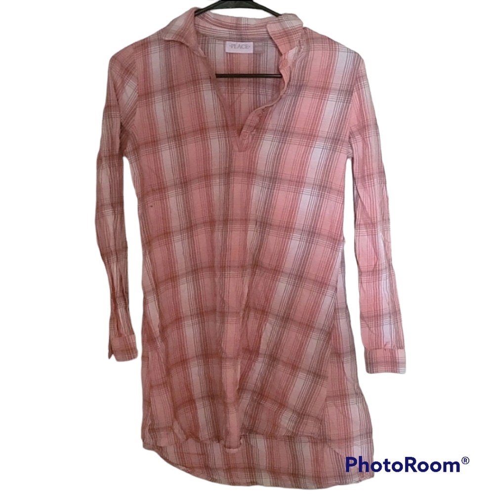 MY CHILDRENS PLACE SIZE 14 / XL PINK/WHITE PLAID SHIRT BUTTON UP WITH COLLER